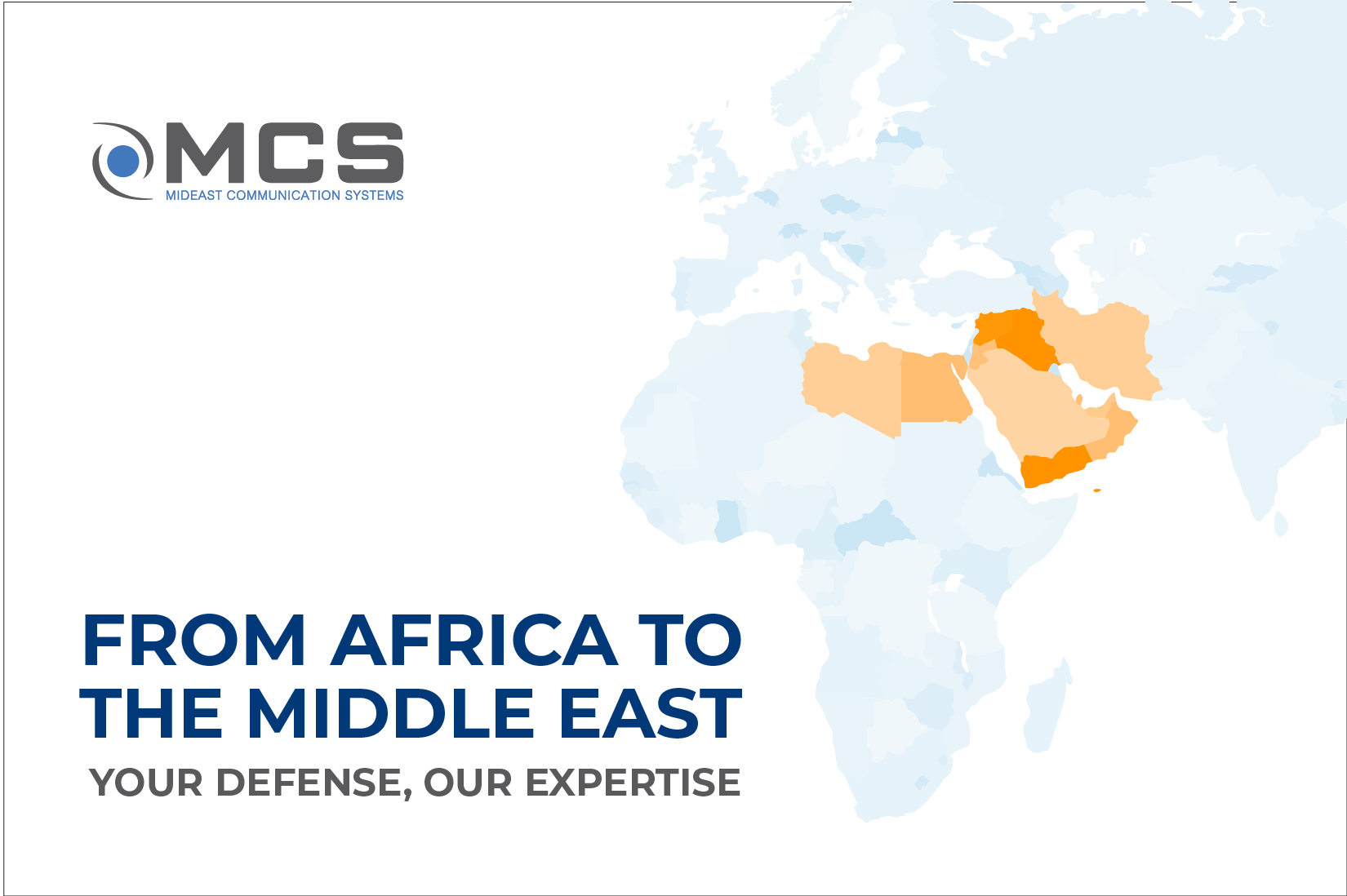 Promotional graphic for Mideast Communication Systems (MCS) highlighting defense expertise across Africa and Middle East regions including Egypt, Libya, Sudan, Saudi Arabia, UAE, Iraq, Syria, Jordan, Lebanon, Yemen, and Oman, with slogan 'From Africa to the Middle East – Your Defense, Our Expertise.